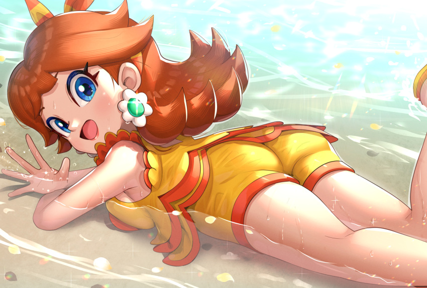 ass beach blue_eyes bow brown_hair earrings female flower_earrings gonzarez hairbow highres in_water jewelry long_hair looking_at_viewer lying mario_(series) mario_kart mario_kart_tour on_stomach open_mouth princess_daisy princess_daisy_(swimwear) smile water waving