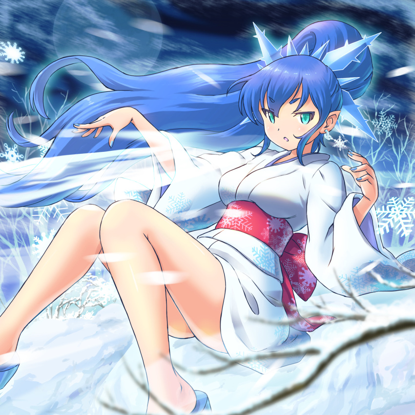 ayakashi_hyakkiyakou blue_eyes blue_hair blue_nails female highres japanese_clothes kimono knees_together_feet_apart long_hair nail_polish open_mouth platform_footwear pointy_ears print_kimono print_sash red_sash sash sitting snow snow_print solo tsune_(dreamers_express) white_kimono yuki_onna