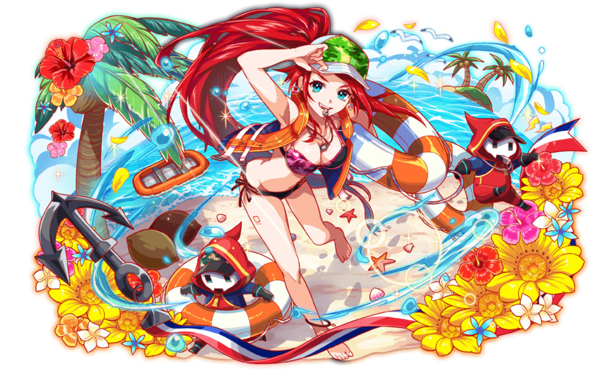 agent_joe anchor anklet aqua_eyes aqua_stripes artist_request bare_arms bare_legs bare_shoulders barefoot baseball_cap beach bikini bird black_bikini black_gloves blue_flower blue_outline bodysuit breasts camouflage cel_shading cleavage cloud coconut coconut_tree crash_fever dog_tags earrings female fisheye flower flower_request flying french_flag_print full_body game_cg gloves green_hair hat hibiscus holding holding_swim_ring horizontal-striped_gloves inflatable_raft innertube island jang_gilsan jewelry lanyard large_breasts leg_up life_vest light_rays long_hair mask midriff mouth_hold ocean oerba_yun_fang official_art orange_flower orange_vest outline palm_leaf palm_tree pink_flower plumeria ponytail red_bodysuit red_flower red_hair red_hood red_outline running saturated seagull shadow solo_focus sparkle square square_print striped_clothes striped_gloves striped_hood sunbeam sunflower sunlight swim_ring swimsuit tachi-e teeth transparent_background tree upper_teeth_only very_long_hair vest water water_drop whistle white_flower white_mask yellow_petals