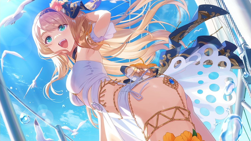 :d aqua_eyes armpits ass bird blonde_hair breasts flower game_cg green_eyes hairband idoly_pride kana_(idoly_pride) large_breasts lens_flare long_hair official_art open_mouth outdoors side-tie_shorts sky smile swimsuit thighs