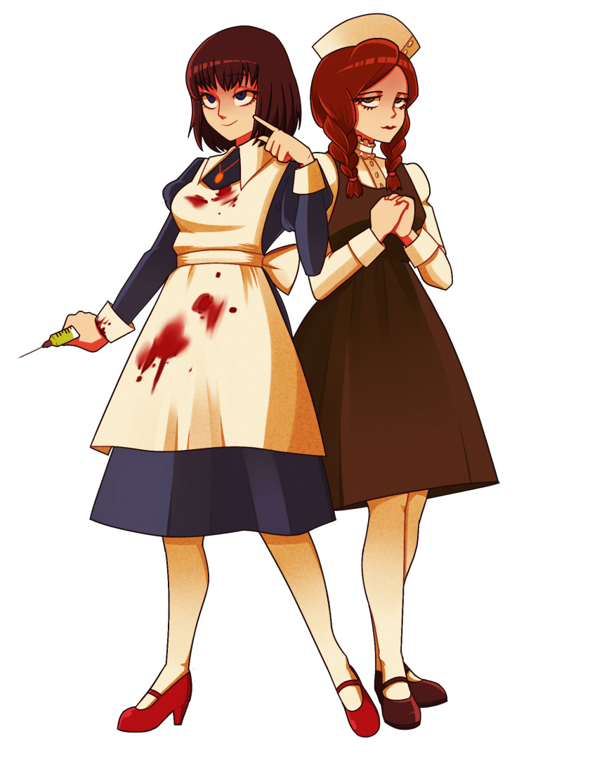 2girls aged_up apron aya_drevis black_hair blood blood_on_clothes blue_dress blue_eyes bob_cut braid brown_hair dress english_commentary full_body green_dress green_eyes hat highres holding holding_syringe jewelry long_hair mad_father maria_(mad_father) mary_janes medium_hair mom_(artist) multiple_girls necklace nurse nurse_cap shoes smile syringe twin_braids white_apron white_background