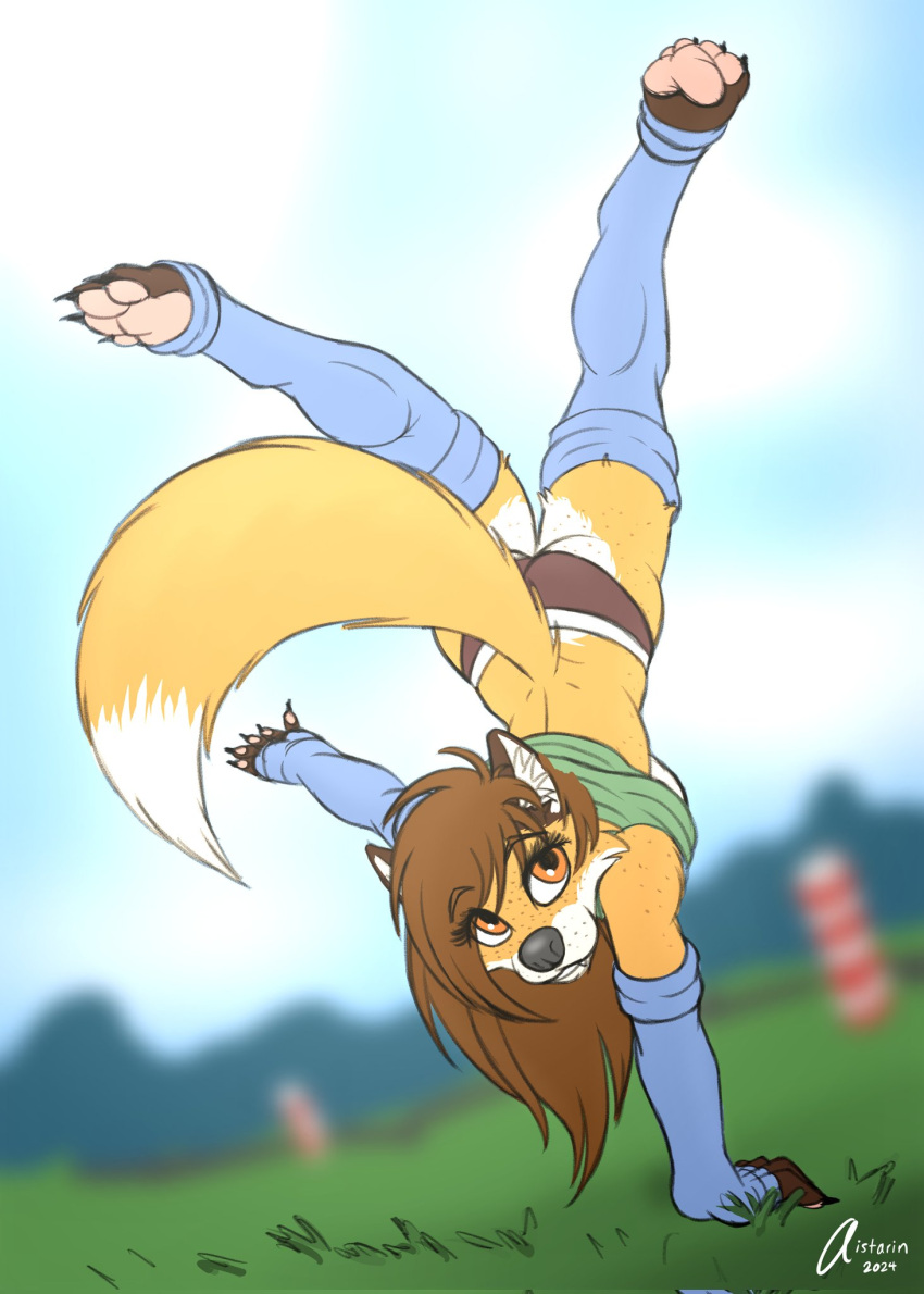 aistarin anthro ass balancing_on_one_hand blue_clothing blue_footwear blue_socks breasts canid canine cartwheel clothing female footwear fox freckled_butt freckles happy hi_res jodi_(aistarin) mammal pawpads side_boob socks solo wardrobe_malfunction