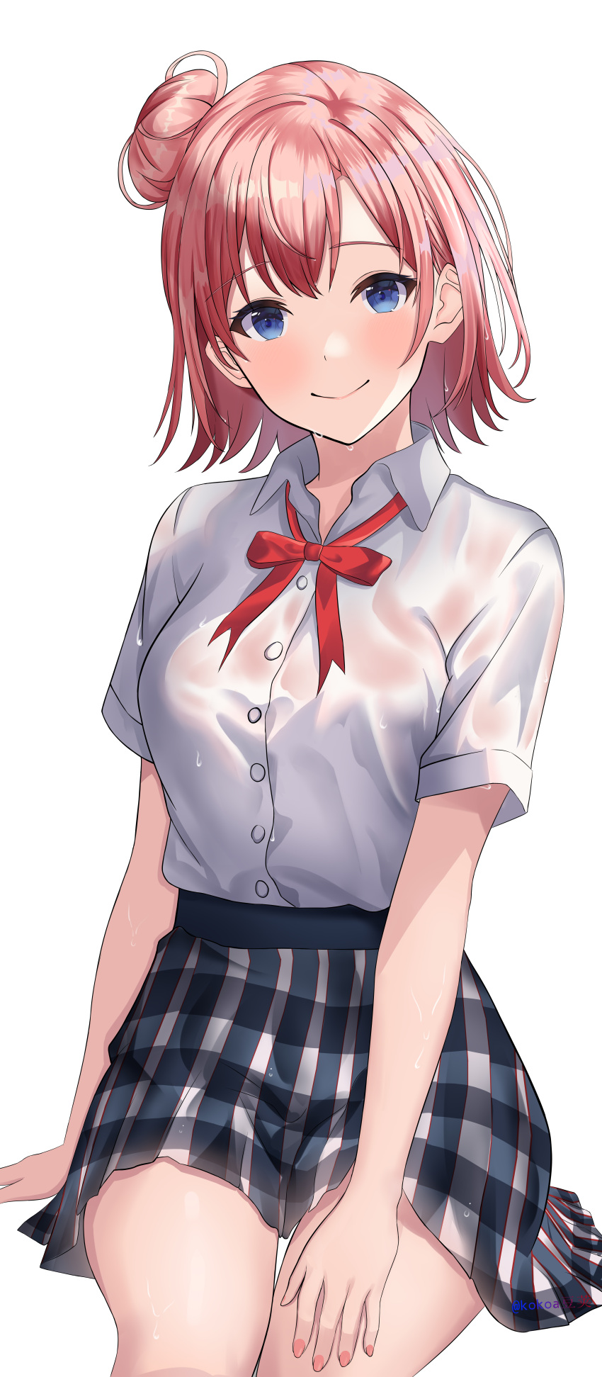 absurdres blue_eyes blush closed_mouth collared_shirt female hair_bun highres incredibly_absurdres invisible_chair kokoa_(user_zrrr5457) looking_at_viewer neck_ribbon orange_hair plaid_clothes plaid_skirt red_ribbon ribbon school_uniform shirt short_hair short_sleeves simple_background single_hair_bun single_side_bun sitting skirt sobu_high_school_uniform solo summer_uniform wet wet_clothes wet_shirt white_background white_shirt yahari_ore_no_seishun_lovecome_wa_machigatteiru. yuigahama_yui