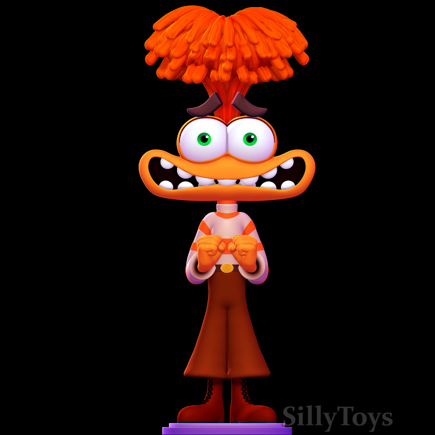 3d_(artwork) 3d_modeling 3d_print anthro anxiety_(inside_out) belt clothed clothing digital_media_(artwork) disney emotion_(inside_out) female fist green_eyes hair hi_res inside_out looking_straight nervous open_mouth orange_hair pixar sillytoys simple_background smile solo