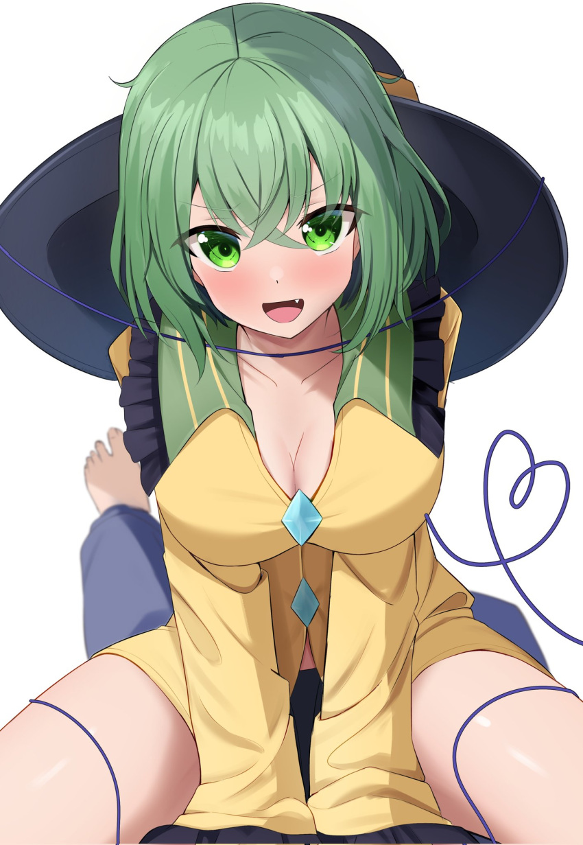 :d black_hat blouse blush breasts buttons cleavage collarbone commentary_request corrupted_twitter_file cowgirl_position crossed_bangs diamond_button fang_out female frilled_shirt_collar frills green_eyes green_hair hair_between_eyes hat heart heart_of_string highres kirisame_oreo komeiji_koishi large_breasts long_sleeves looking_at_viewer oerba_yun_fang open_mouth pov shirt short_hair simple_background smile solo_focus touhou unworn_headwear white_background yellow_shirt