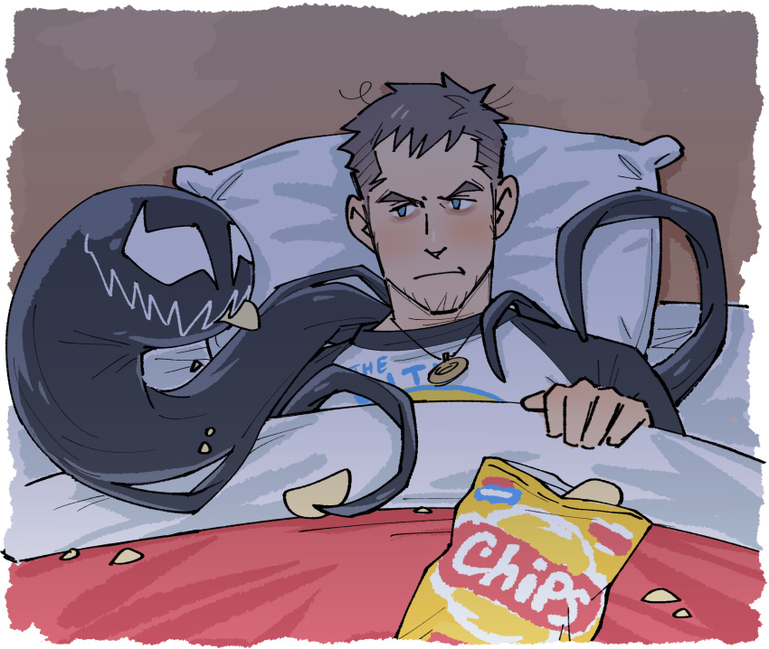 alien bed black_body blue_eyes brown_hair chips_(food) clothing duo eating eating_food eddie_brock empty_eyes eye_contact food furniture goo_creature hair hi_res human jewelry kalamariboy lays_(brand) looking_at_another male mammal marvel necklace not_furry on_bed pillow potato_chips shirt smile symbiote tendrils topwear venom_(marvel)