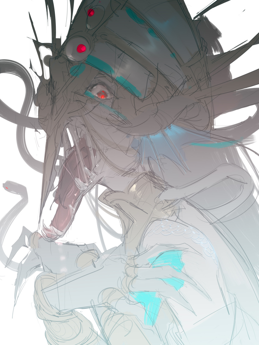 absurdres arknights dongsheng female helmet highres long_tongue looking_at_viewer monster open_mouth red_eyes skadi_(arknights) skadi_the_corrupting_heart_(arknights) solo tongue unfinished