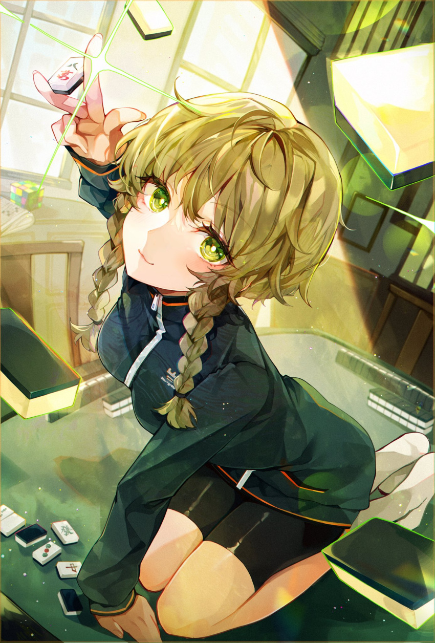 amane_suzuha bike_shorts black_shorts braid breasts brown_hair female full_body green_eyes highres holding holding_mahjong_tile hutuu_(1121) indoors jacket long_hair looking_at_viewer mahjong mahjong_tile medium_breasts on_table rubik's_cube shorts socks solo sparkle steins;gate sunlight table track_jacket twin_braids white_socks