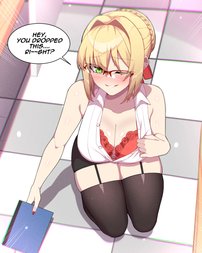 absurdres bare_shoulders black_leggings blonde_hair blush bra breasts english_text fate/grand_order fate_(series) female glasses green_eyes hair_bun highres holding holding_notebook hyperbudd large_breasts leggings nero_claudius_(fate) notebook office_lady one_eye_closed red_bra red_nails solo underwear