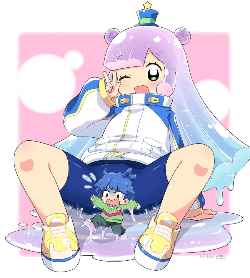 1boy bike_shorts blue_hair blush double_bun female full_body gradient_hair green_eyes hair_bun hat highres hiro_hiroki jacket kawaii_kotarou looking_at_viewer mini_hat mini_person mini_top_hat miniboy monster_girl multicolored_hair one_eye_closed open_mouth puniru_(puniru_wa_kawaii_slime) puniru_wa_kawaii_slime shoes sitting slime_(substance) slime_girl smile sneakers spread_legs top_hat v