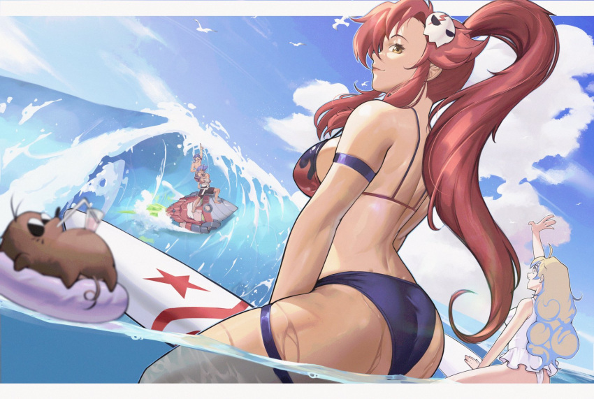 2boys 2girls ass beach bikini blue_sky blurry blurry_foreground boota_(ttgl) breasts flame_print highres kamina_(ttgl) lagann large_breasts looking_at_viewer multiple_boys multiple_girls nia_teppelin one-piece_swimsuit partially_underwater_shot ponytail simon_(ttgl) sky surfboard surfing swimsuit tengen_toppa_gurren_lagann thighs yoko_littner zukululuu