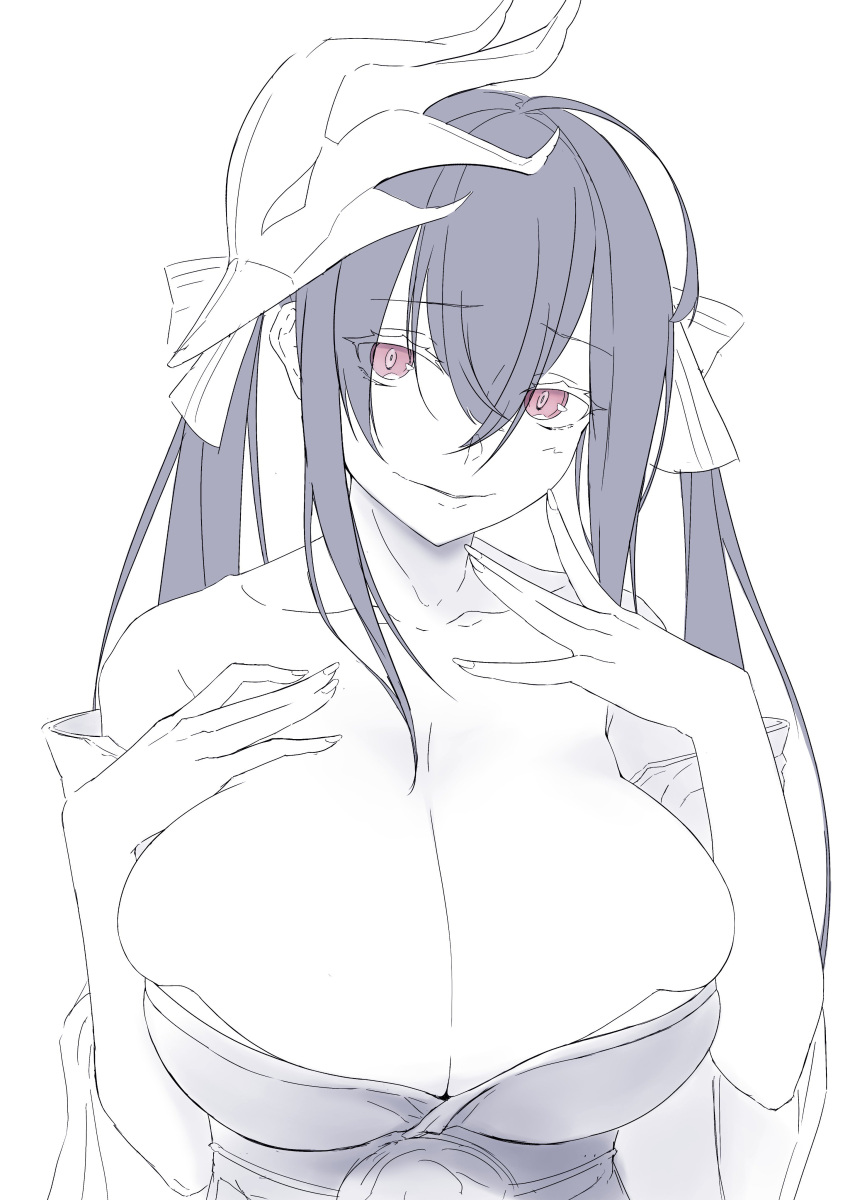 absurdres azur_lane bare_shoulders breasts cleavage collarbone commentary_request crossed_bangs deer_in_the_bathtub eyes_visible_through_hair female greyscale hair_between_eyes highres huge_breasts japanese_clothes kimono monochrome off_shoulder red_eyes smile solo spot_color taihou_(azur_lane) twintails upper_body