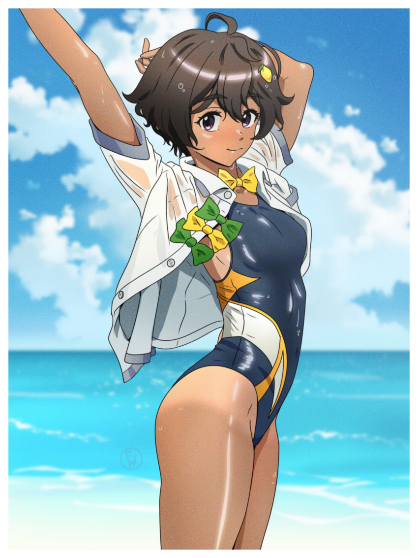 absurdres ahoge arms_up black_hair bow bowtie breasts closed_mouth collared_shirt covered_navel day english_commentary female food-themed_hair_ornament fritz_willie green_bow green_bowtie groin hair_ornament highleg highleg_one-piece_swimsuit highres horizon lemon_hair_ornament looking_at_viewer make_heroine_ga_oo_sugiru! ocean one-piece_swimsuit open_clothes open_shirt outdoors photo-referenced purple_eyes shirt short_hair short_sleeves sky small_breasts solo standing swimsuit tan tanlines thighs wet white_shirt yakishio_lemon yellow_bow yellow_bowtie