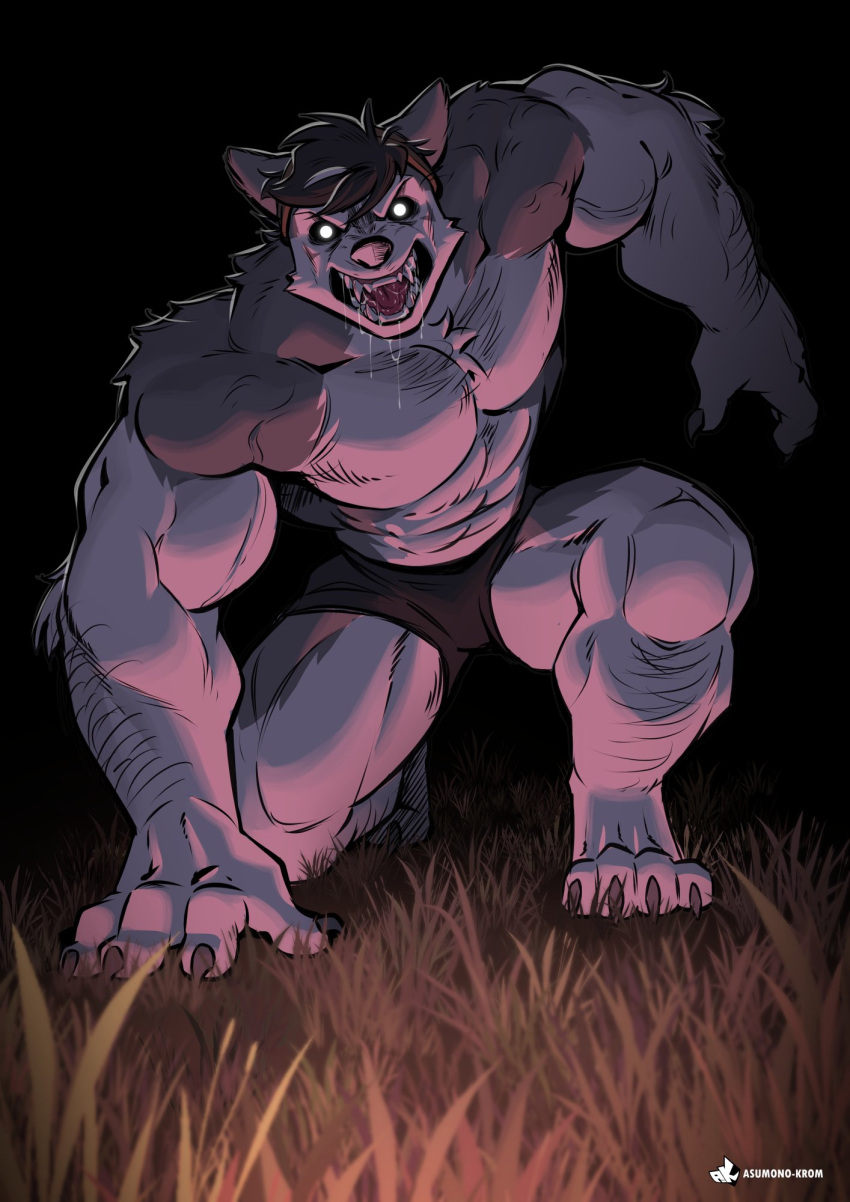 2024 abs anjing_kampuss anthro barazoku biceps big_muscles black_bottomwear black_clothing black_shorts bodily_fluids bottomwear canid canine canis clothed clothing dark drooling fur grey_body grey_fur hi_res looking_at_viewer male mammal muscular muscular_anthro muscular_male pecs saliva shorts shorts_only topless white_body white_fur wolf