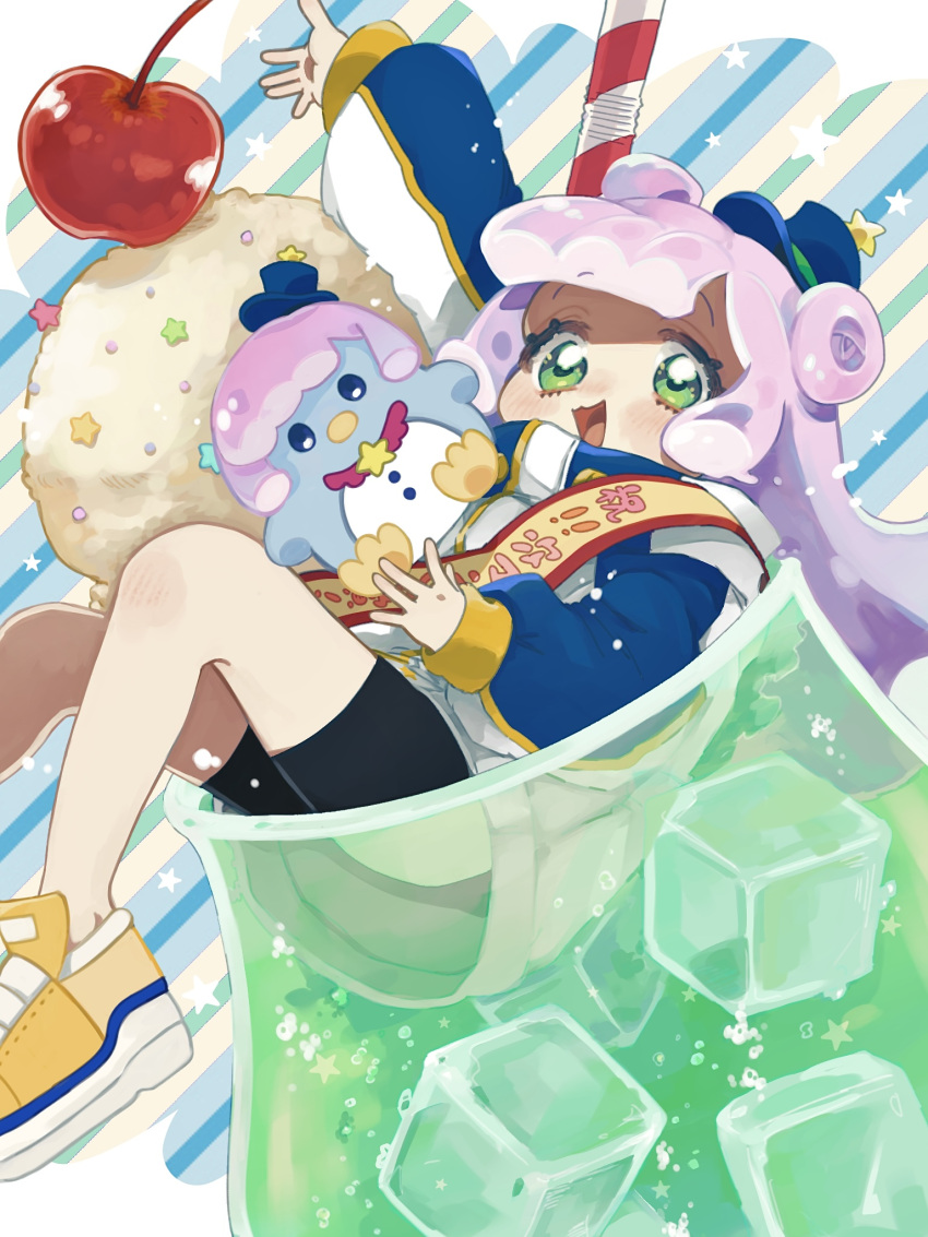 :d arm_up bike_shorts blue_hat cherry cup double_bun female food fruit gradient_hair green_eyes hair_bun hat highres ice ice_cream ice_cream_float ice_cube in_container in_cup jacket long_hair long_sleeves looking_at_viewer melon_soda mini_hat mini_top_hat monster_girl multicolored_hair nigako_(ooouch) open_mouth pink_hair puniru_(puniru_wa_kawaii_slime) puniru_wa_kawaii_slime purple_hair sash shoes shoulder_sash sitting slime_girl smile solo top_hat