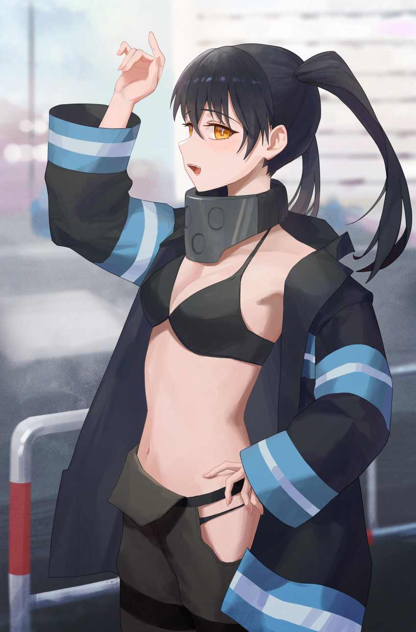 absurdres black_bra black_hair black_pants bra breasts cleavage day en'en_no_shouboutai firefighter hand_up highres hip_vent open_mouth orange_eyes outdoors pants slit_pupils small_breasts tamaki_kotatsu twintails underwear zhao_guazi