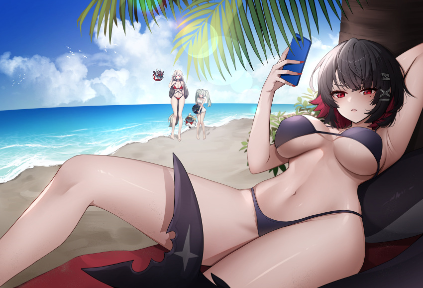 3girls alternate_costume ankkoyom bikini black_bikini breasts character_request colored_inner_hair ellen_joe fins fish_tail highres mole mole_under_eye multicolored_hair multiple_girls navel red_nails scar scar_on_tail shark_girl shark_tail swimsuit tail zenless_zone_zero