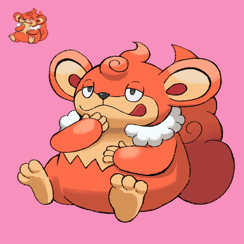 2024 3_toes 4_fingers absurd_res anthro belly beta_pokemon_games big_belly biped black_nose feet fingers generation_5_pokemon hi_res nashirichu nintendo orange_body overweight pink_background pokemon pokemon_(species) simisear simple_background sitting solo toes tongue tongue_out