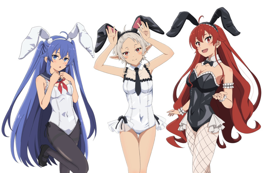 3girls ahoge animal_ears armband armpits black_bow black_bowtie black_footwear black_leotard black_necktie black_pantyhose blue_eyes blue_hair blue_sailor_collar blush bow bowtie breasts cleavage closed_mouth collar covered_navel elf eris_greyrat fake_animal_ears fishnet_pantyhose fishnets frilled_armband frilled_wrist_cuffs frills hair_between_eyes highres large_breasts leotard long_hair looking_at_viewer multiple_girls mushoku_tensei necktie open_mouth pantyhose playboy_bunny pointy_ears rabbit_ears rabbit_pose red_eyes red_hair roxy_migurdia sailor_collar short_hair simple_background small_breasts smile standing standing_on_one_leg sylphiette_(mushoku_tensei) very_long_hair white_background white_collar white_hair white_leotard wrist_cuffs yaken_(11keionnota06)