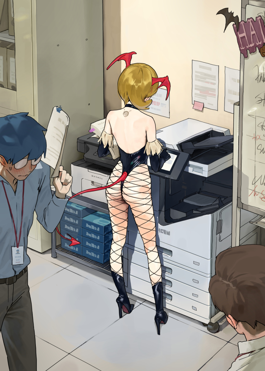 2boys ass back black_footwear black_gloves black_leotard blonde_hair blush demon_tail demon_wings elbow_gloves female fishnet_pantyhose fishnets glasses gloves halloween_costume head_wings high_heels highleg highleg_leotard highres indoors lanyard leotard multiple_boys office original pantyhose photocopier sekoshi_(some1else45) some1else45 strapless strapless_leotard sweatdrop tail whiteboard wings