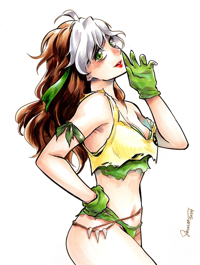 animification bikini breasts dyed_bangs female gloves green_eyes green_gloves green_headband headband highres lipstick makeup marvel midriff multicolored_clothes multicolored_hair navel painting_(medium) rogue_(x-men) sao_(saowee) signature solo swimsuit tank_top torn_clothes traditional_media two-tone_hair watercolor_(medium) x-men