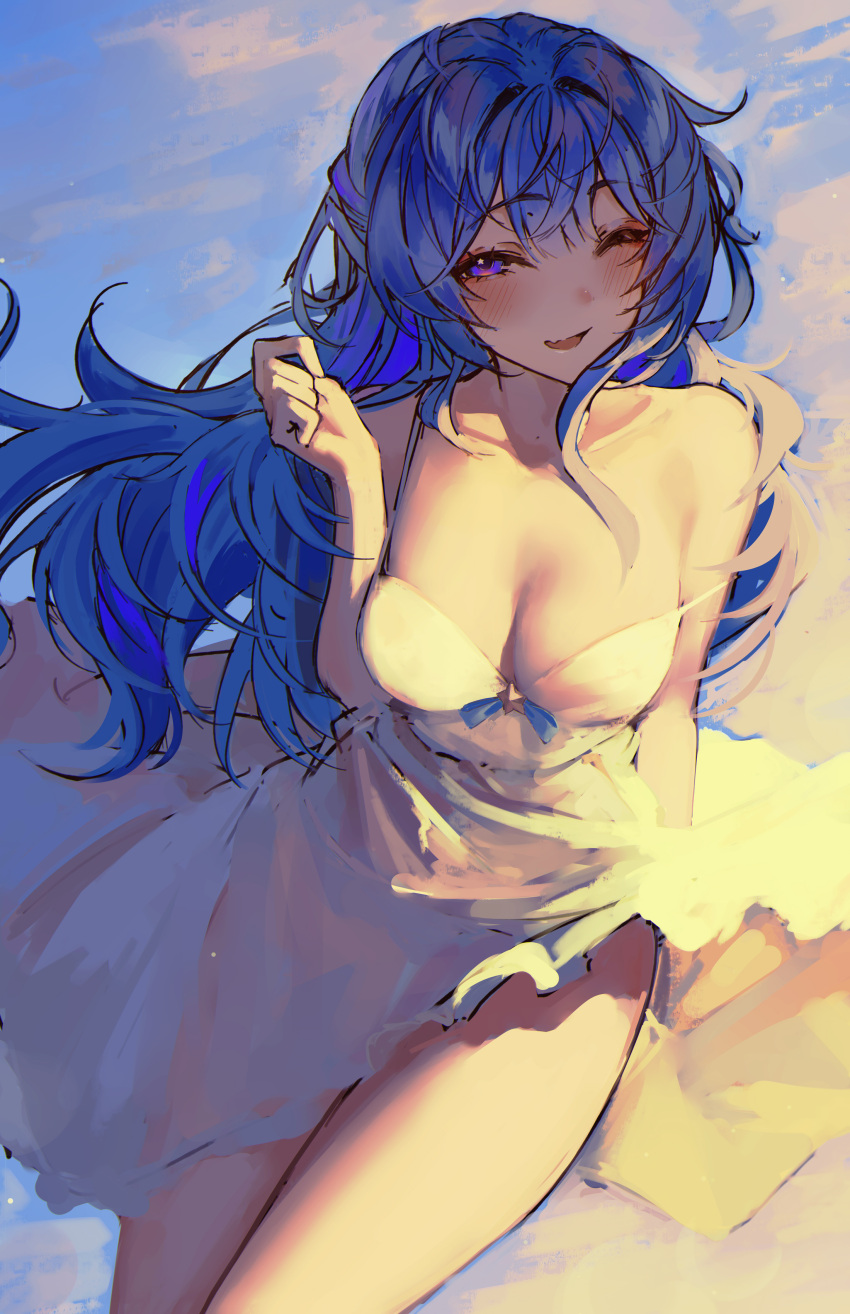 absurdres bare_shoulders blue_hair blush breasts commentary dress female hand_up highres hololive hoshimachi_suisei long_hair looking_at_viewer medium_breasts naokomama one_eye_closed open_mouth sleeveless sleeveless_dress smile solo star_(symbol) star_in_eye strap_slip symbol_in_eye virtual_youtuber white_dress