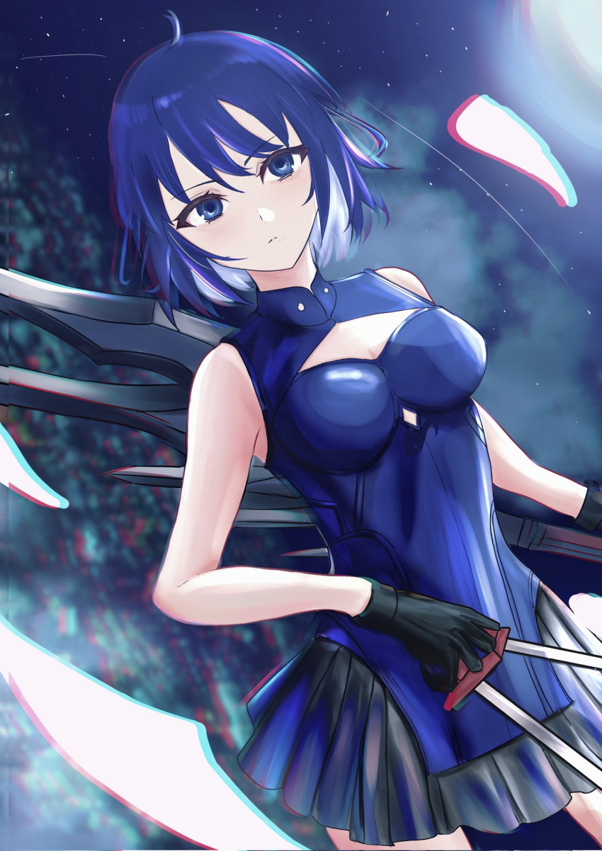 black_gloves black_skirt blue_eyes blue_hair blue_sky blurry blurry_background breasts ciel_(tsukihime) closed_mouth commentary_request female gloves highres holding holding_knife knife large_breasts night night_sky outdoors pleated_skirt powered_ciel short_hair skirt sky solo standing star_(sky) throwing_knife tsukihime tsukihime_(remake) ttriwk weapon