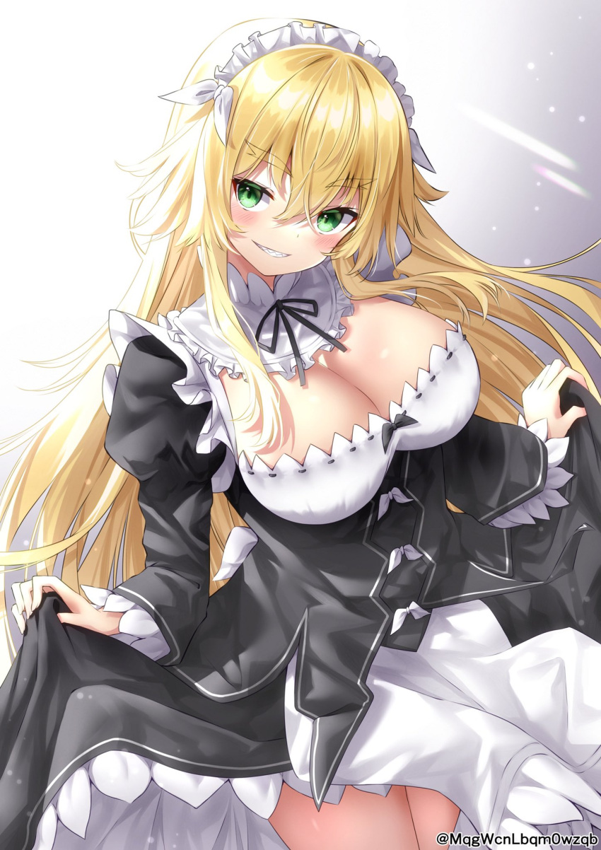 black_dress blonde_hair blush bow bow_hairband breasts cleavage commentary curtsey dress female frederica_baumann frilled_dress frills gradient_background green_eyes hairband highres large_breasts legs long_hair long_sleeves looking_at_viewer maid maid_headdress puffy_sleeves re:zero_kara_hajimeru_isekai_seikatsu ribbon roswaal_mansion_maid_uniform sharp_teeth skirt skirt_hold smile solo teeth thick_eyebrows twitter_username yamano_rokamizu