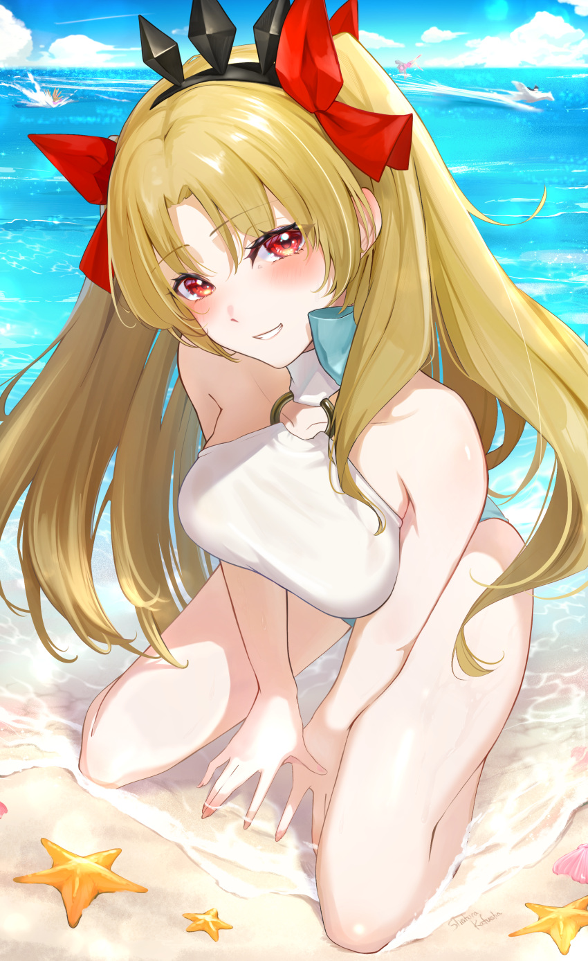 absurdres bare_shoulders beach blonde_hair bow breasts ereshkigal_(fate) fate/grand_order fate_(series) female grey_one-piece_swimsuit hairband hairbow highres long_hair looking_at_viewer medium_breasts o-ring one-piece_swimsuit parted_bangs red_eyes shafurakafusha smile solo space_ereshkigal_(fate) space_ereshkigal_(first_ascension)_(fate) swimsuit thighs two-tone_swimsuit two_side_up white_one-piece_swimsuit