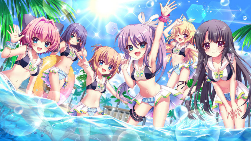 6+girls :d ahoge aqua_eyes arm_behind_back arm_behind_head arm_up armpits barefoot bikini bikini_skirt black_hair blonde_hair blue_bikini blue_eyes blue_hair blue_sky blush bow breasts bridal_garter brooch cleavage closed_mouth collarbone coral day dot_nose dutch_angle film_grain frilled_bikini frills game_cg green_bow hair_intakes hair_ribbon hairbow hand_up hands_on_thighs hasegawa_mii high_ponytail hiiragi_kae holding holding_swim_ring honjou_kasumi ichikishima_mizuha innertube izumi_tsubasu jewelry jumping kneeling large_bow leaning_forward lens_flare looking_at_viewer matching_outfits medium_breasts multicolored_bikini multicolored_clothes multiple_girls navel non-circular_lens_flare non-web_source official_art one_eye_closed open_mouth orange_hair outdoors palm_tree partially_submerged pink_hair pink_wristband purple_bow purple_eyes purple_hair re:stage! ribbon sailor_collar seashell shell shikimiya_mana short_hair sideboob sitting skirt sky small_breasts smile sparkle sparkling_eyes star_brooch straight_hair striped_bikini striped_clothes sun swim_ring swimsuit tree tsukisaka_sayu v vertical-striped_bikini vertical-striped_clothes w wading water_drop waving white_bikini white_ribbon white_sailor_collar white_skirt yellow_innertube