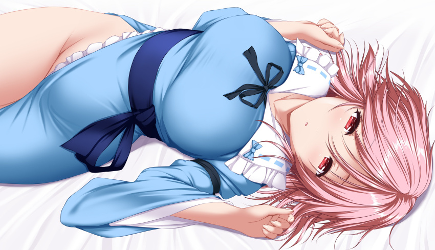 absurdres blue_kimono blush breasts dress female frilled_kimono frills highres japanese_clothes kimono large_breasts long_sleeves looking_at_viewer lying no_panties nori_tamago on_back open_mouth perfect_cherry_blossom pink_hair red_eyes ribbon saigyouji_yuyuko short_hair side_slit solo touhou wide_sleeves