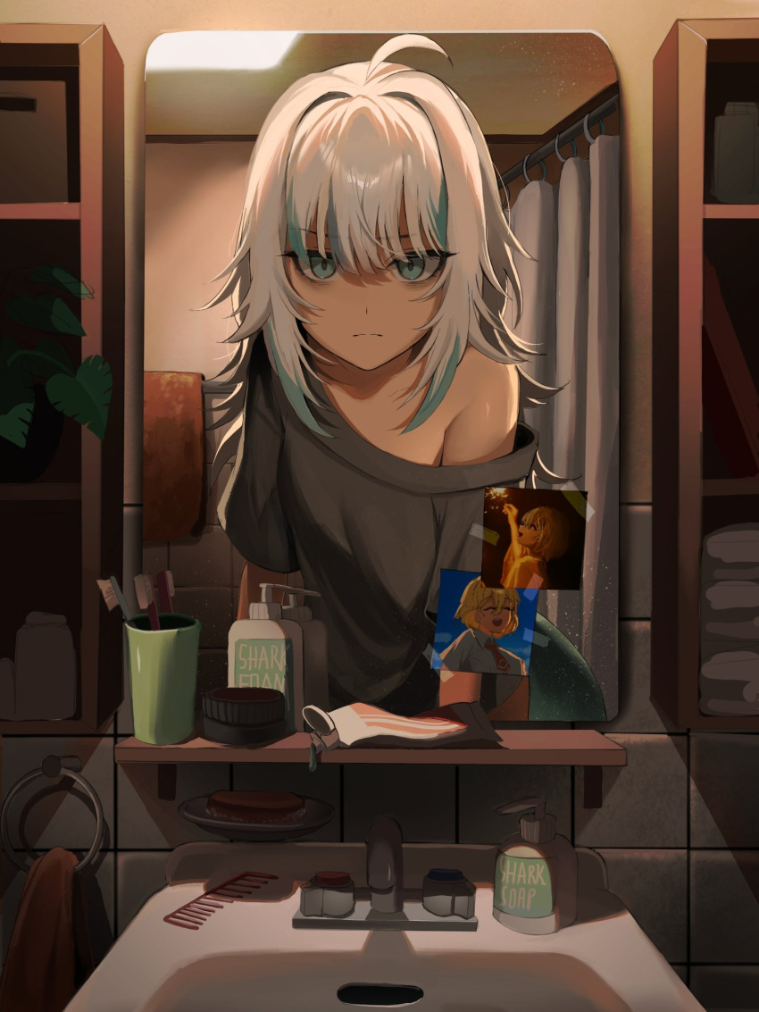 ahoge bags_under_eyes bar_soap bathroom blue_eyes comb commentary cup empty_eyes faucet female fins fish_tail frown gawr_gura grey_shirt hair_down hashtag-only_commentary highres hololive hololive_english long_hair looking_at_viewer multicolored_hair nanaphawat off-shoulder_shirt off_shoulder photo_(object) pov reflection shark_girl shark_tail shelf shirt short_sleeves shower_curtain sink soap_bottle solo standing streaked_hair tail toothbrush toothpaste towel upper_body watson_amelia