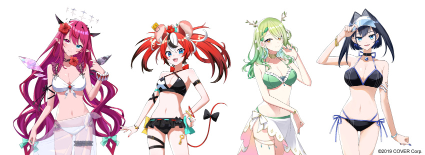 4girls :d adjusting_clothes adjusting_headwear alternate_costume aneco_(westsea1227) animal_ear_fluff animal_ears antlers arm_strap asymmetrical_bangs asymmetrical_wings bikini black_bikini black_choker black_hair blue_eyes blue_hair blue_nails bow bow_earrings bracelet braid braided_bangs breasts bridal_garter ceres_fauna choker cleavage closed_mouth colored_tips commentary copyright_notice criss-cross_halter cross-laced_bikini cross-laced_clothes crossed_bangs crystal_wings detached_wings double-parted_bangs double_halo earrings english_commentary fanged_bangs flower frilled_bikini frills gradient_hair green_bikini green_hair green_nails hair_between_eyes hair_flower hair_intakes hair_ornament hair_over_one_eye hair_rings hakos_baelz halo halterneck hand_on_own_hip hand_up heterochromia highres hololive hololive_english horns irys_(hololive) jewelry large_breasts long_hair looking_at_viewer medium_breasts medium_hair mismatched_wings mouse_ears mouse_girl mouse_tail mousetrap mr._squeaks_(hakos_baelz) multi-strapped_bikini_bottom multicolored_hair multiple_girls nail_polish navel official_art ouro_kronii pink_eyes pointy_ears purple_hair red_hair red_nails sarong scrunchie see-through_clothes see-through_sarong side-tie_bikini_bottom smile star-shaped_pupils star_(symbol) star_halo stomach streaked_hair swimsuit symbol-shaped_pupils tail tail_bow tail_ornament thigh_strap twintails uneven_twintails very_long_hair virtual_youtuber visor_cap white_bikini white_hair white_sarong wings wrist_scrunchie yellow_eyes