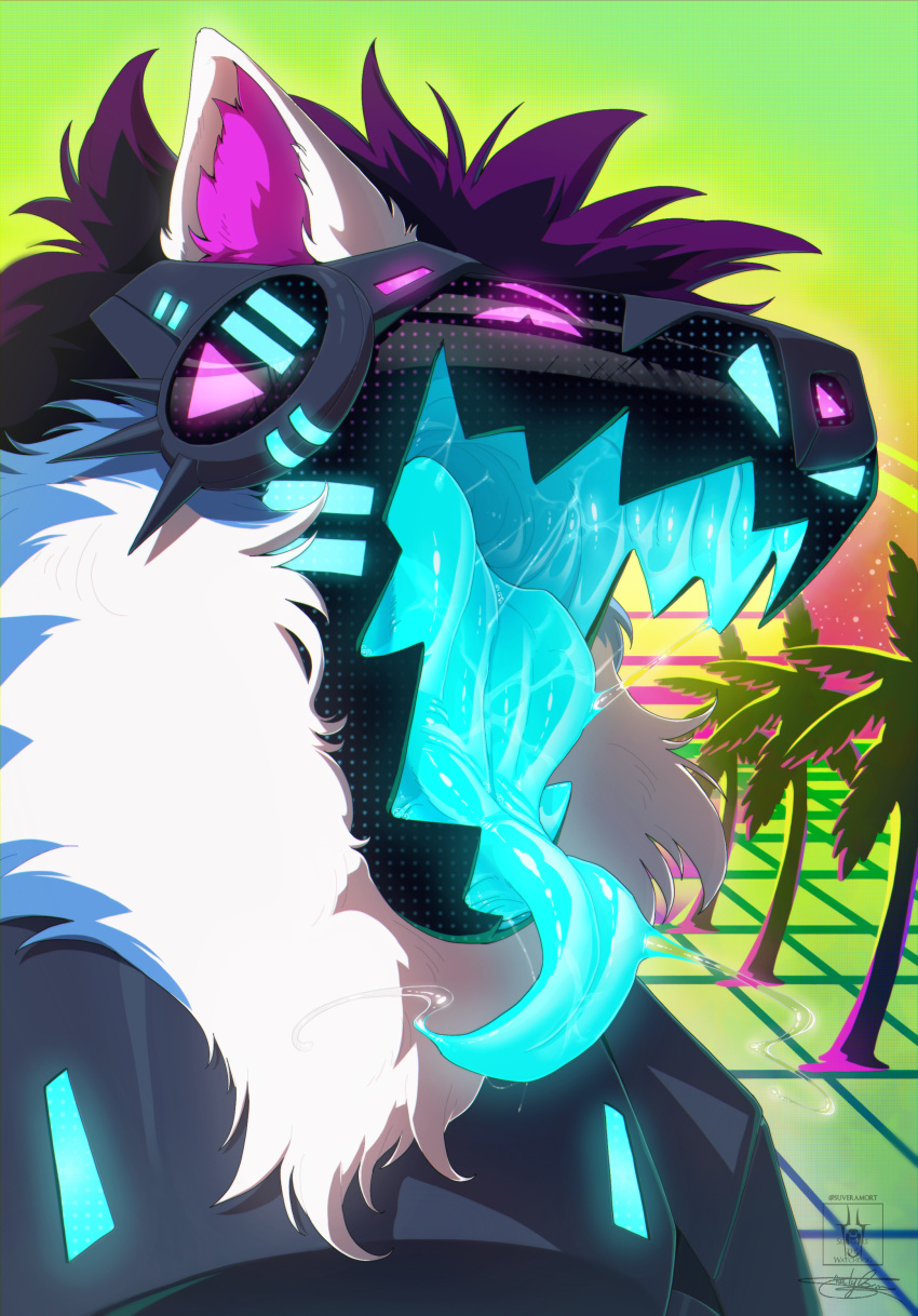 absurd_res anthro armor blue_body blue_fur bodily_fluids cyan_mouth female fur glowing hair hi_res machine mouth_shot open_mouth protogen purple_hair saliva seregore solo vaporwave visor white_body white_fur