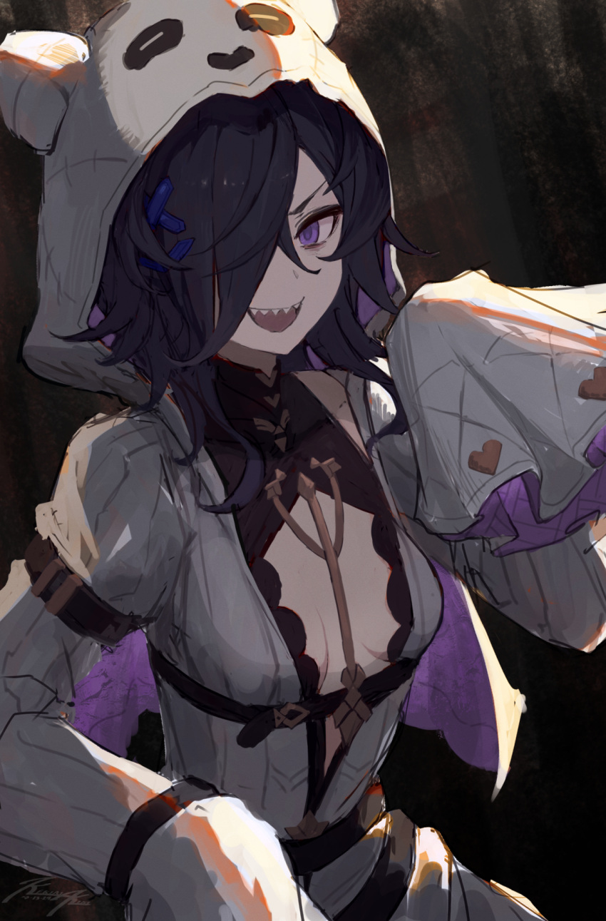 bags_under_eyes black_hair breasts breasts_apart female ghost_costume granblue_fantasy grin hair_ornament hair_over_one_eye halloween_costume heart highres hood hood_up hooded_robe lich_(granblue_fantasy) lich_(halloween)_(granblue_fantasy) long_hair looking_at_viewer no_bra official_alternate_costume open_mouth punished_pigeon purple_eyes robe sharp_teeth signature sleeves_past_fingers sleeves_past_wrists small_breasts smile solo teeth white_robe x_hair_ornament