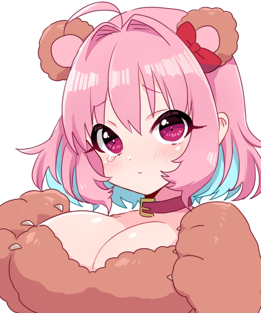 animal_ears animal_hands aqua_hair bear_ears bear_paw belt_collar blush bow breasts brown_fur brown_gloves choker closed_mouth collar colored_inner_hair commentary_request female gloves hairbow highres huge_breasts idolmaster idolmaster_cinderella_girls idolmaster_cinderella_girls_starlight_stage looking_at_viewer medium_hair multicolored_hair paw_gloves pink_choker pink_eyes pink_hair red_bow simple_background solo sukoyaka_(100hituzi) tearing_up two-tone_hair upper_body white_background yumemi_riamu