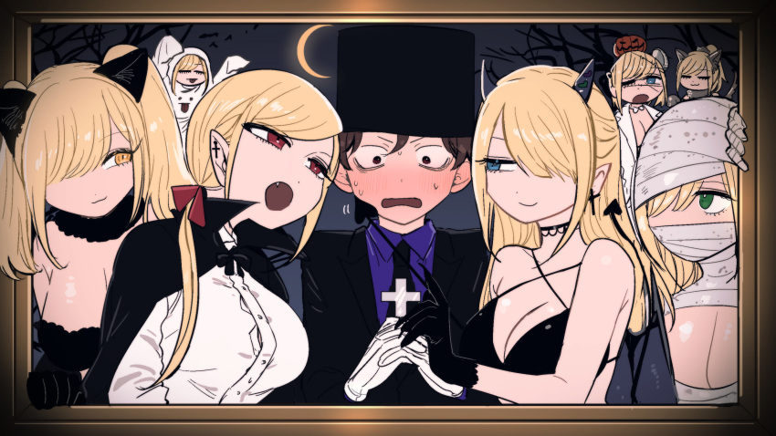 1boy 6+girls :3 alice_lendrott animal_costume animal_ears bikini black_bikini black_choker black_gloves black_necktie black_suit blonde_hair blue_eyes blush bocchan_(shinigami_bocchan_to_kuro_maid) breasts cat_costume cat_ears choker closed_eyes closed_mouth cross crucifix demon_tail frame fur_collar ghost_costume gloves green_eyes halloween hat highres horns inoue_koharu large_breasts long_hair multiple_girls multiple_persona mummy_costume necktie oerba_yun_fang open_mouth own_hands_together pumpkin purple_shirt red_eyes shinigami_bocchan_to_kuro_maid shirt smile stitched_face stitches suit sweat swimsuit tail top_hat vampire_costume white_gloves white_shirt yellow_eyes