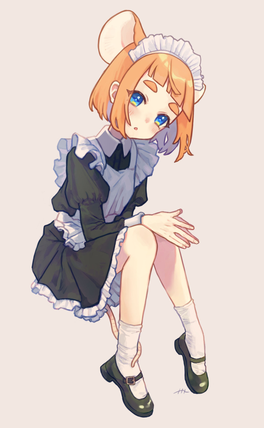 :o alternate_costume animal_ears apron black_dress black_footwear blue_eyes blunt_bangs blush buckle collared_dress colored_inner_hair commentary dress enmaided extra_ears eyes_visible_through_hair female flat_chest frilled_apron frilled_hairband frills full_body hairband head_tilt highres indie_virtual_youtuber invisible_chair juliet_sleeves long_sleeves looking_at_viewer looking_to_the_side maid maid_apron maid_headdress mary_janes mau-chan_(7name) mouse_ears mouse_girl mouse_tail multicolored_hair naname_(7name) orange_hair own_hands_together palms_together parted_lips petticoat plantar_flexion puffy_sleeves purple_hair shoes short_hair sidelocks sideways_glance simple_background sitting socks solo star-shaped_pupils star_(symbol) symbol-shaped_pupils tail tail_around_own_leg thick_eyebrows three_quarter_view turning_head virtual_youtuber white_apron white_background white_hairband white_socks