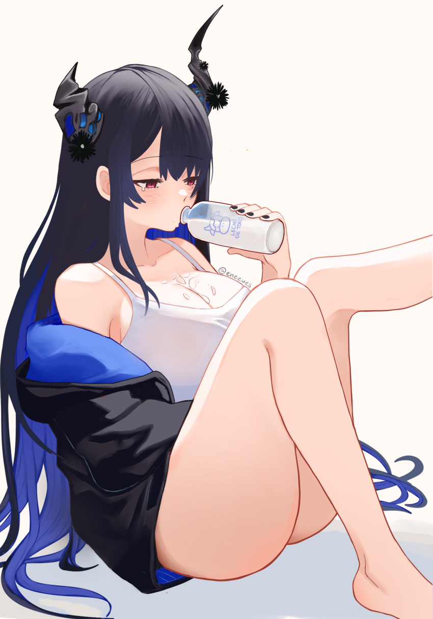 alternate_costume asymmetrical_horns barefoot black_hair black_jacket black_nails blue_hair blush breasts colored_inner_hair demon_horns eneeues feet_out_of_frame female flower highres hololive hololive_english horn_flower horns jacket legs_up mole mole_under_eye multicolored_hair nail_polish nerissa_ravencroft no_shoes red_eyes shirt solo uneven_horns virtual_youtuber white_shirt