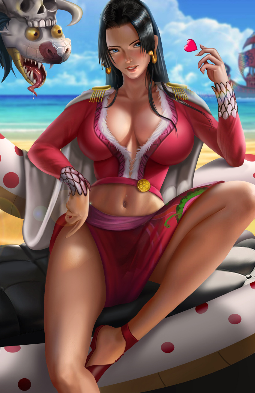 absurdres animal black_hair blue_eyes blush boa_hancock cloud cloudy_sky coat coat_on_shoulders commentary earrings english_commentary epaulettes female forked_tongue heart highres jewelry long_hair long_sleeves looking_at_viewer midriff navel ocean one_piece open_mouth outdoors painterly photoshop_(medium) realistic salome_(one_piece) ship skull sky smile snake snake_earrings teeth tongue tongue_out tushar8130 water watercraft