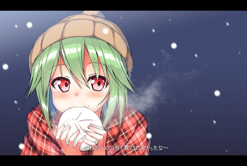 baozi blush breath commentary_request eating female food green_hair hat letterboxed original photoshop_(medium) red_eyes shawl short_hair snowing solo steam takanashi_sora_(soramyon) translation_request