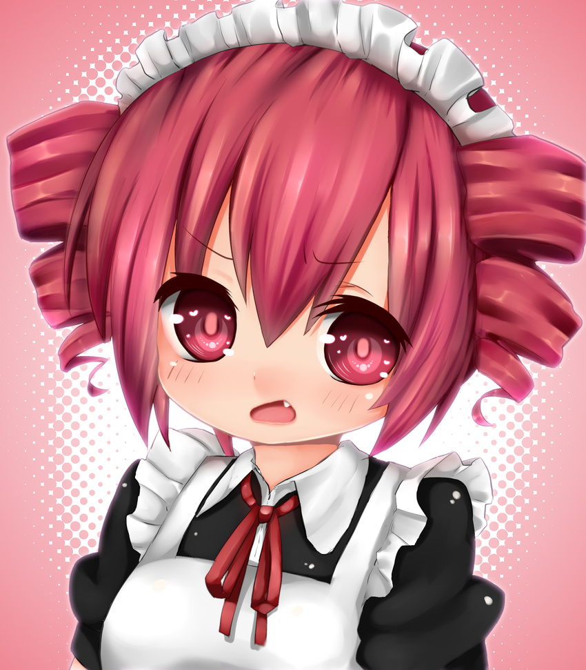 alternate_costume apron blush colorized commentary drill_hair english_commentary enmaided female highres kasane_teto maid maid_apron maid_headdress oerba_yun_fang photoshop_(medium) pink_eyes pink_hair pitui1996 self-upload solo twin_drills twintails utau