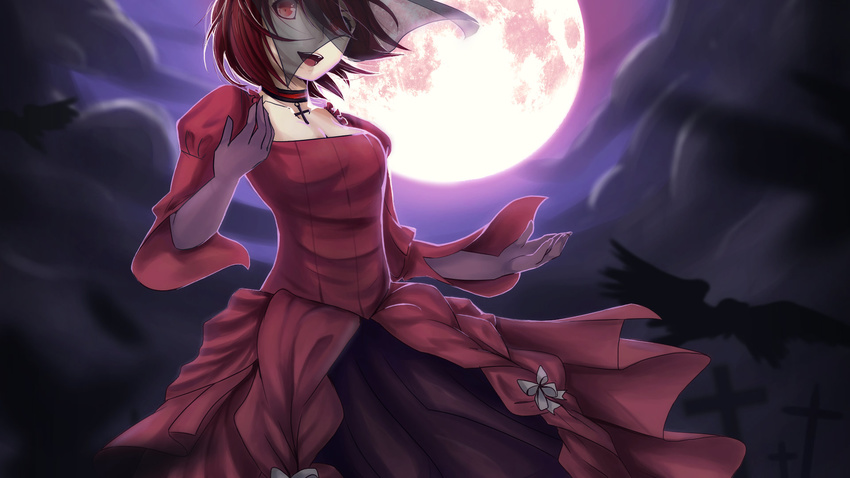 banica_conchita bird black_feathers black_gloves brown_hair choker cloud commentary cross cross_necklace crow dress elbow_gloves evillious_nendaiki feathers female full_moon gloves gothic_lolita graveyard hair_ornament heartbeat_clocktower_(vocaloid) highres jewelry lolita_fashion master_of_the_graveyard_(vocaloid) meiko_(vocaloid) moon necklace night night_sky red_dress red_eyes red_moon sky solo uglytree veil victorian vocaloid