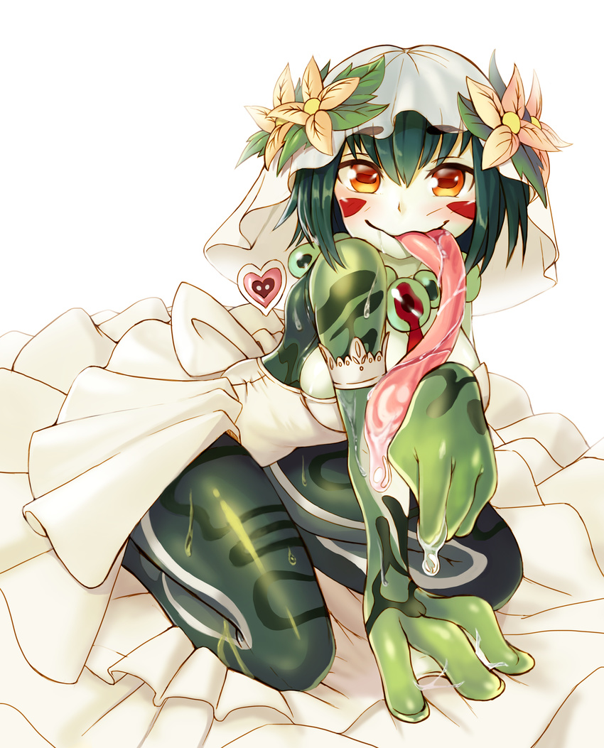 absurdres bare_shoulders bridal_veil bride colored_skin commission dress female flower frog_girl green_skin hair_flower hair_ornament happy heart highres horizontal_pupils kneeling long_tongue monster_girl monster_girl_encyclopedia mucus_toad_(monster_girl_encyclopedia) red_eyes saliva slimy smile solo sookmo tongue veil very_long_tongue webbed_hands wedding_dress