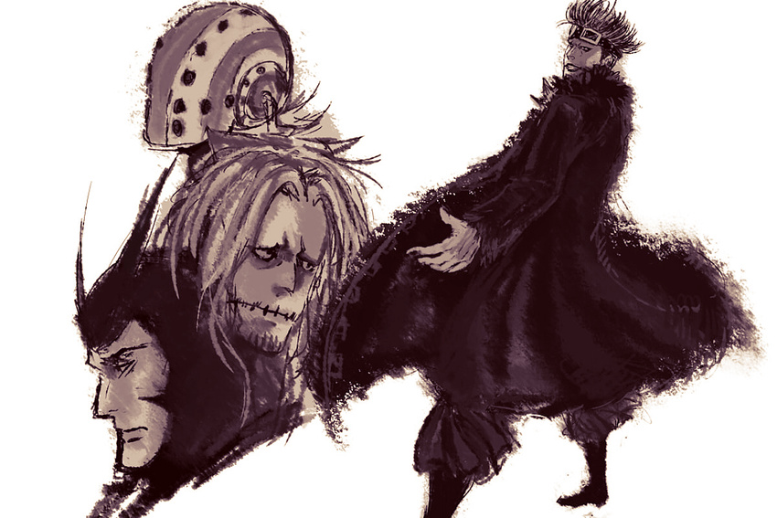 4boys eustass_captain_kid fur_jacket goggles goggles_on_head heat_(one_piece) helmet killer_(one_piece) long_hair male male_focus monochrome multiple_boys one_piece scar sideburns wire_(one_piece)