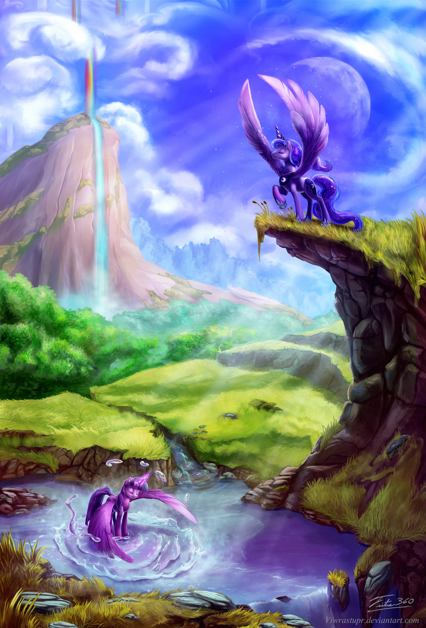 2015 alicorn amazing_background blue_eyes blue_sky boulder cliff creek cutie_mark detailed detailed_background digital_media_(artwork) duo equid equine feathered_wings feathers female feral field friendship_is_magic fur grass hair hasbro hi_res horn lake mammal moon mountain multicolored_hair my_little_pony mythological_creature mythological_equine mythology nature outcrop outside plant princess_luna_(mlp) purple_body purple_fur purple_hair rock scenery_porn sky spread_wings star tsitra360 twilight_sparkle_(mlp) two_tone_hair viwrastupr water waterfall wings