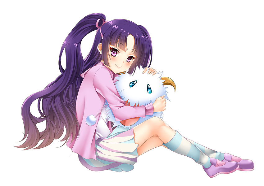 female league_of_legends long_hair pink_eyes poro purple_hair raspdere simple_background sitting un4lord