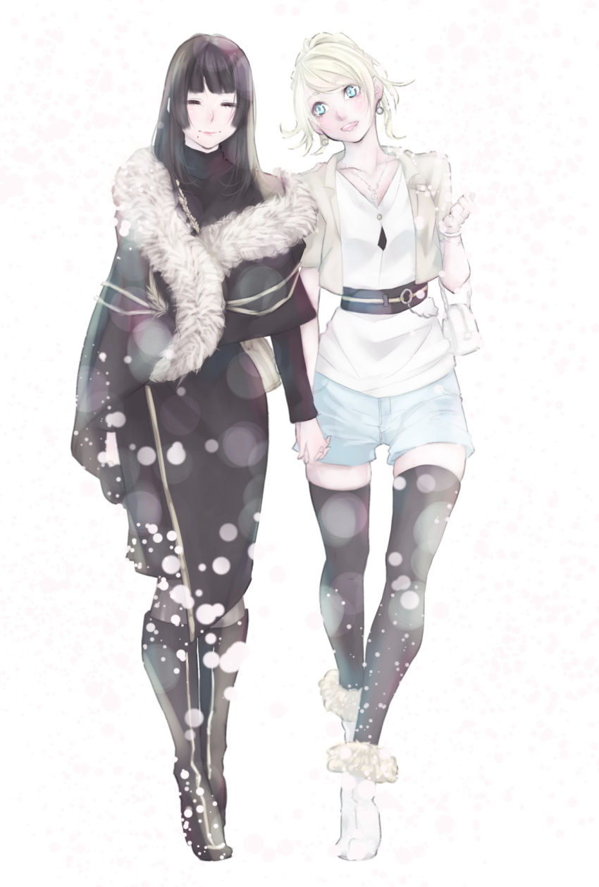 2girls alternate_costume black_dress black_hair blonde_hair blue_eyes casual closed_eyes commentary_request dress final_fantasy final_fantasy_xv full_body fur_scarf gentiana highres holding_hands jewelry lunafreya_nox_fleuret may05oblivion mole mole_under_mouth multiple_girls necklace shorts simple_background thighhighs v-neck