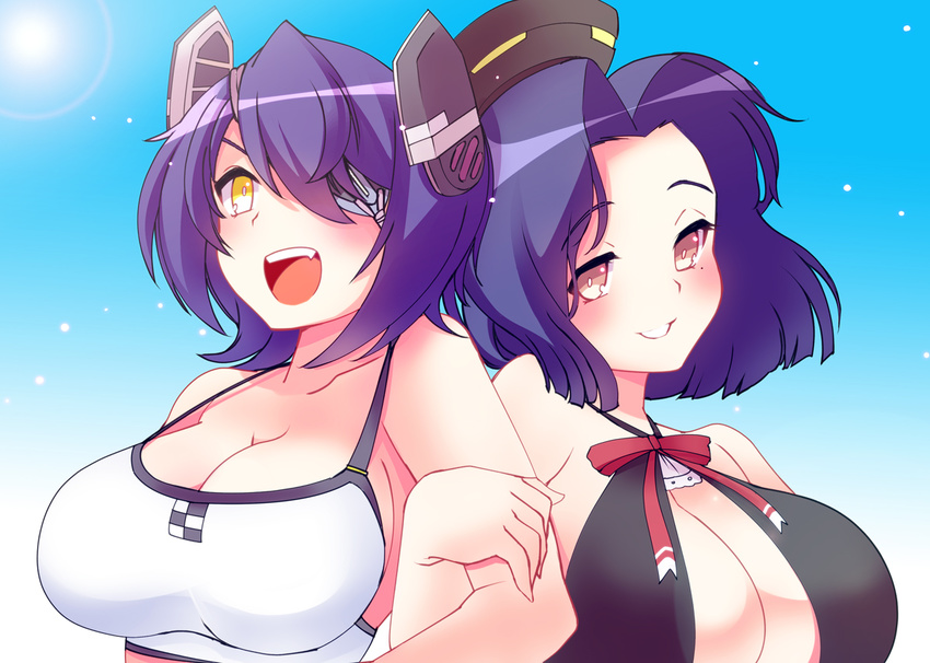 2girls bad_id bad_pixiv_id bikini breasts eyepatch halo headgear kantai_collection large_breasts machinicalis mechanical_halo multiple_girls official_alternate_costume purple_eyes purple_hair short_hair swimsuit tatsuta_(kancolle) tatsuta_(swimsuit_mode)_(kancolle) tenryuu_(kancolle) tenryuu_(swimsuit_mode)_(kancolle) yellow_eyes