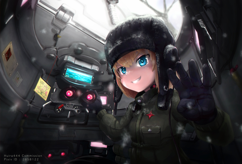 black_gloves blonde_hair blue_eyes commentary_request commission day emblem female girls_und_panzer gloves green_jumpsuit grin helmet highres huira444 jumpsuit katyusha_(girls_und_panzer) korean_commentary korean_text long_sleeves looking_at_viewer military military_uniform oerba_yun_fang pravda_military_uniform short_hair sitting smile snow solo tank_helmet tank_interior uniform upper_body watermark